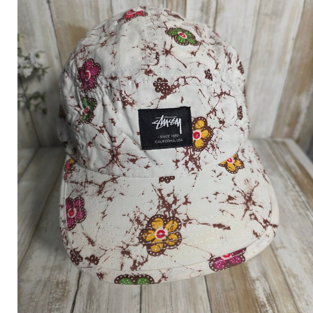 Stussy Capz 5 Panel Hat Batik Floral Print Cream Adjustable Camper Strapback - Picture 2 of 6